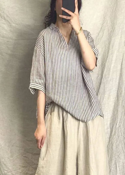 Grey V Neck Striped Linen Top Short Sleeve