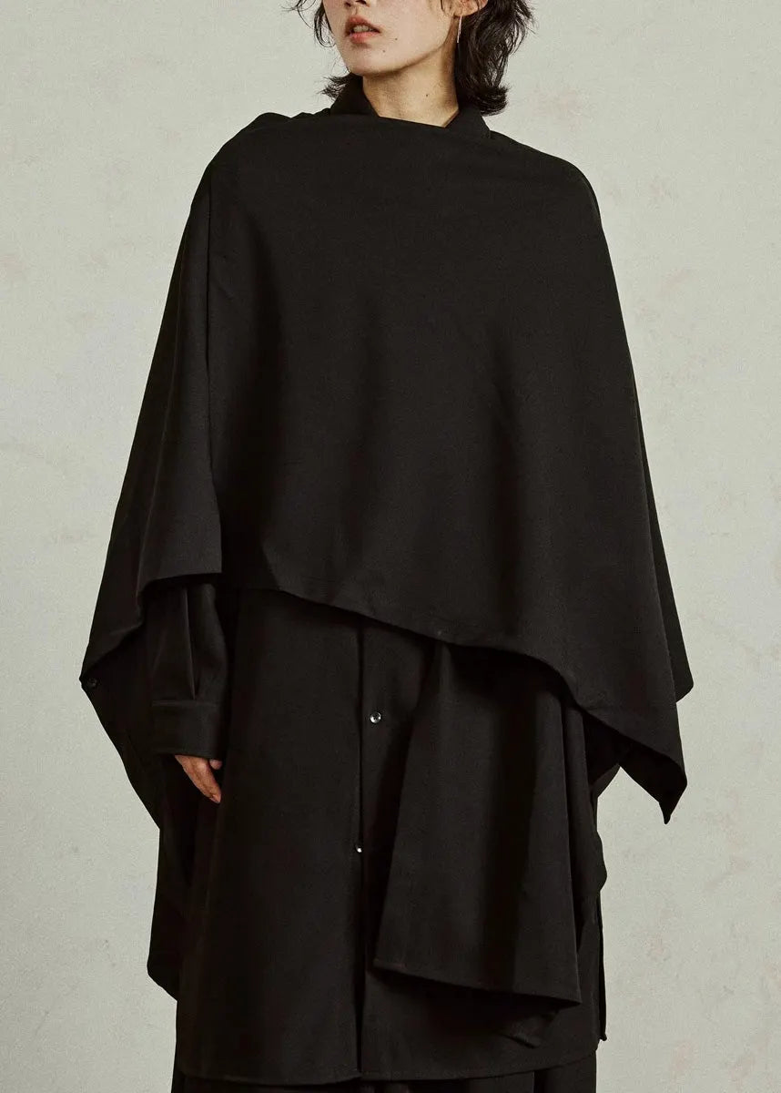 Chinese Style Black Peter Pan Collar Low High Design Shirt Batwing Sleeve
