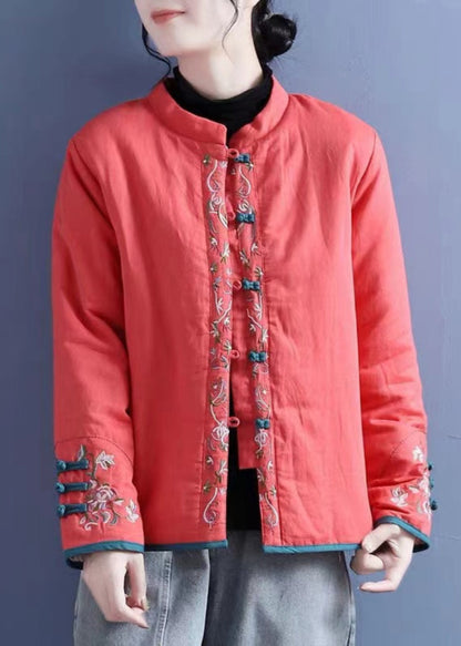 Orange Embroidered Button Cotton Filled Coats Winter