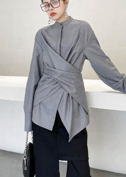 French Grey Asymmetrical Design Long Sleeve Spring Blouses