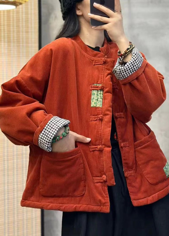 Orange Pockets Chinese Button Corduroy Fine Cotton Filled Jackets Winter