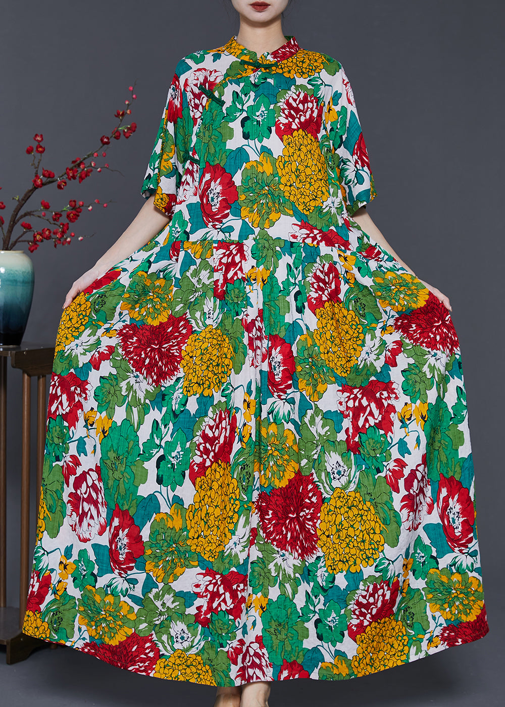 Green Print Chinese Button Cotton Long Dresses Summer