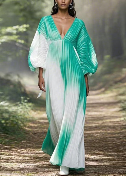 Gradient Color V Neck Wrinkled Chiffon Long Dress Spring
