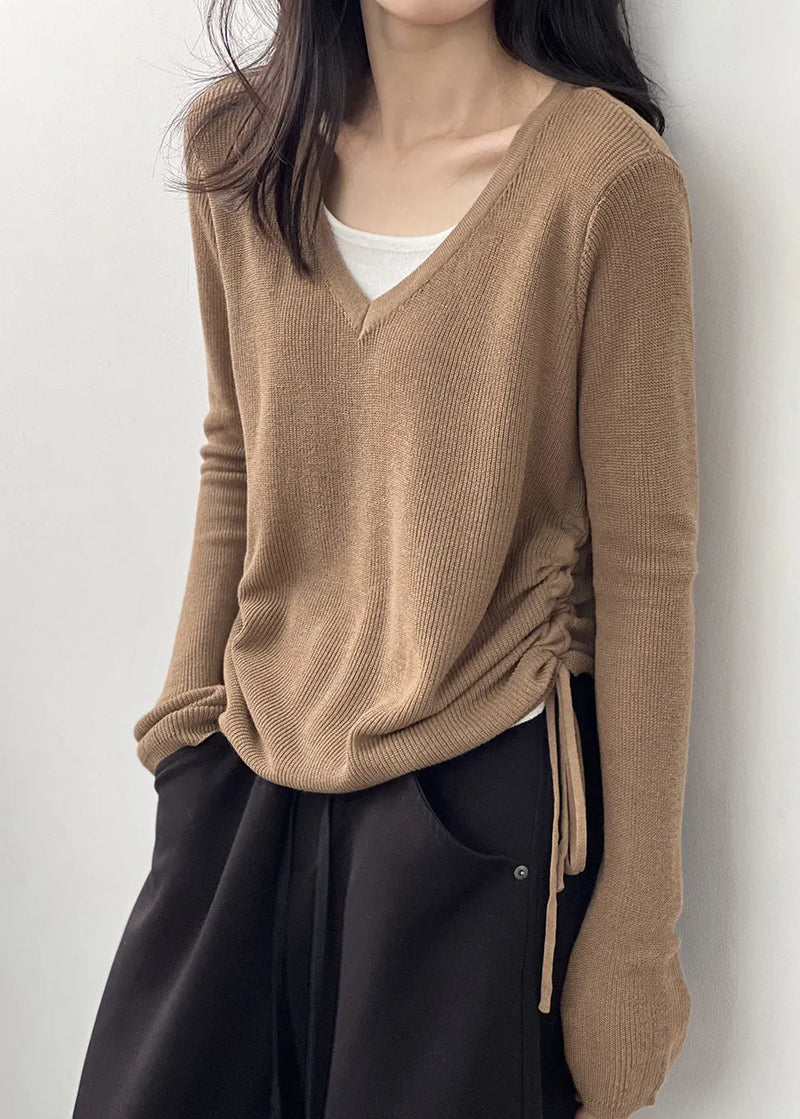 Coffee Cinched Knit Blouses V Neck Long Sleeve