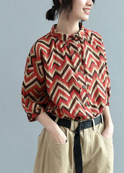 Diy Red Print Button Fall Shirt Top Three Quarter Sleeve