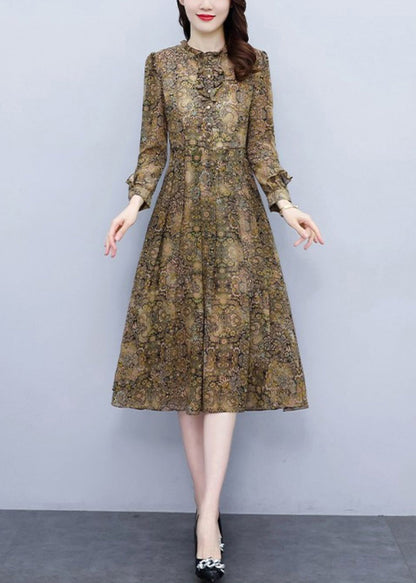 Ruffled Print High Waist Chiffon Dress Long Sleeve Fall