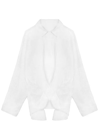 White Peterpan Collar Button Asymmetrical Design Fall Long Sleeve Blouse Tops