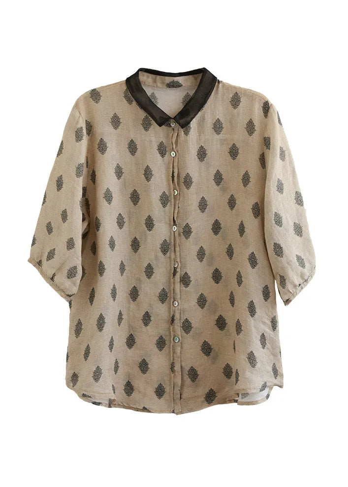 Colour 1 Peter Pan Collar Print Button Linen Shirt Half Sleeve