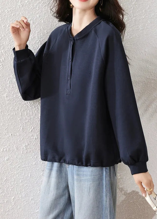 Simple Navy Button Cotton Sweatshirts Fall