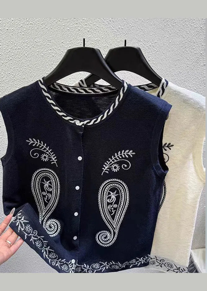 Black Embroideried Knit Vest Tops Sleeveless