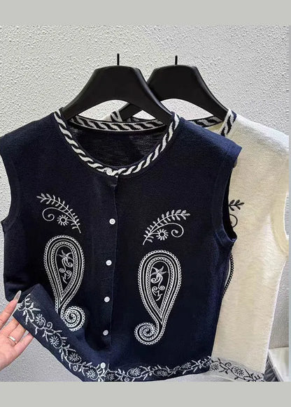 Black Embroideried Knit Vest Tops Sleeveless