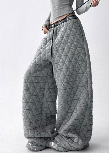 Grey Pockets Cotton Filled Wide Leg Pants Elastic Waist