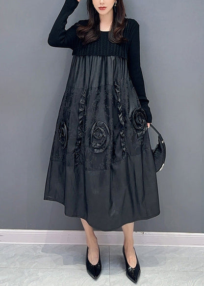 Black Ruffled Knit Patchwork Faux Leather Dress Fall