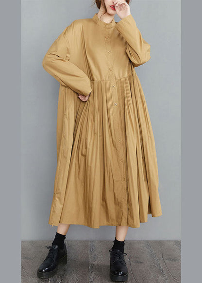 Yellow Button Cotton Dresses Spring
