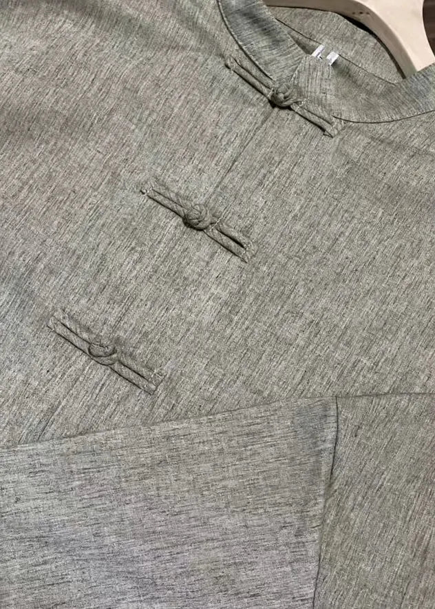 Grey Brown Stand Collar Chinese Button Linen Shirt Top Fall