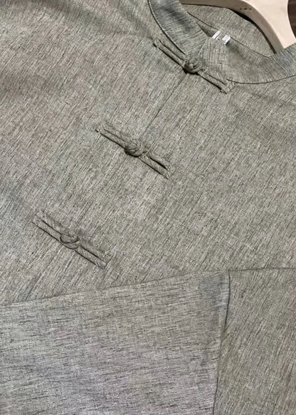Grey Brown Stand Collar Chinese Button Linen Shirt Top Fall