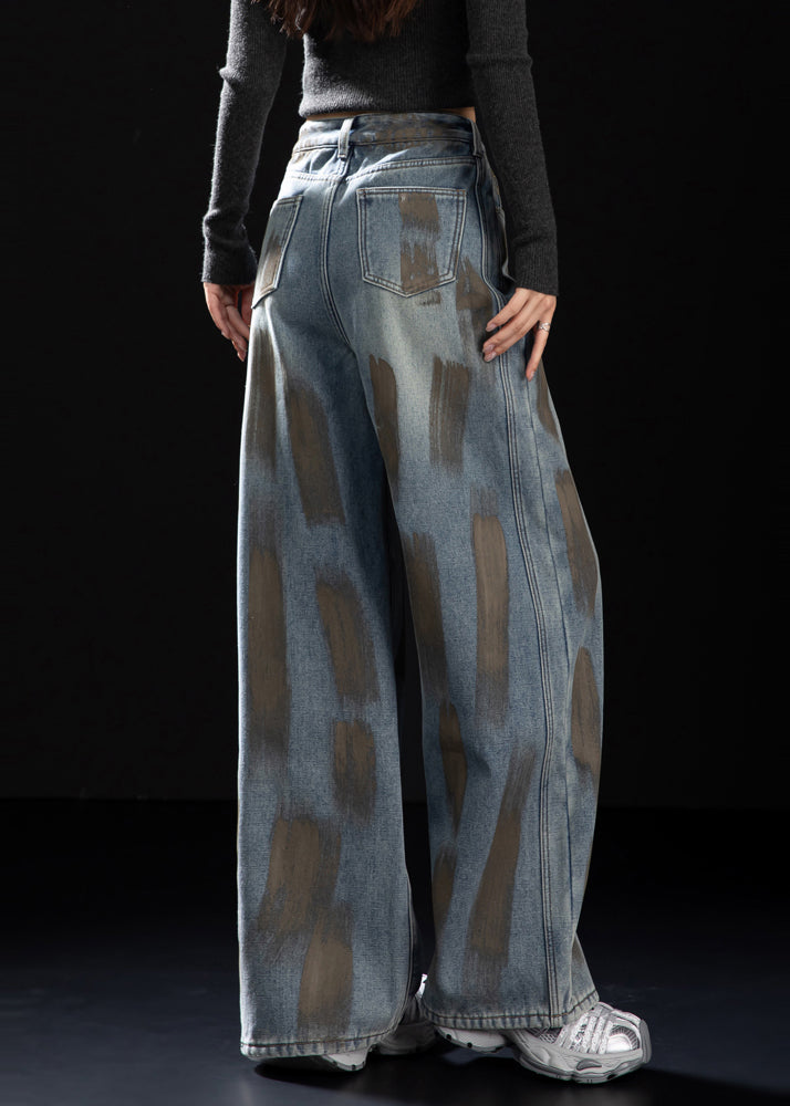 Navy Oversized Painting Warm Fleece Denim Pants Spring