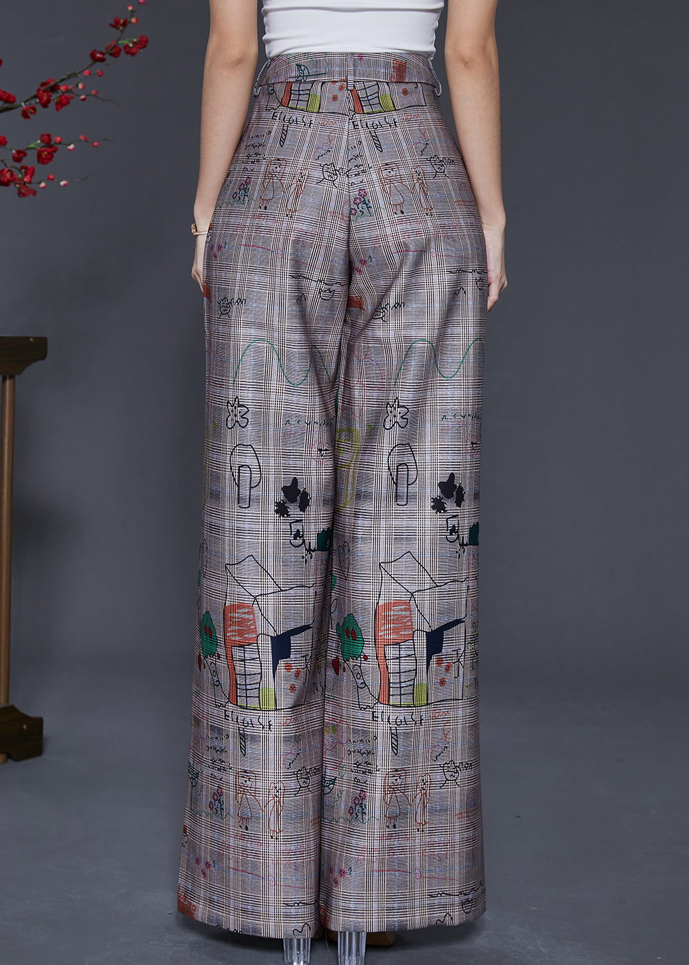 Grey Original Design Print Cotton Straight Pants Spring