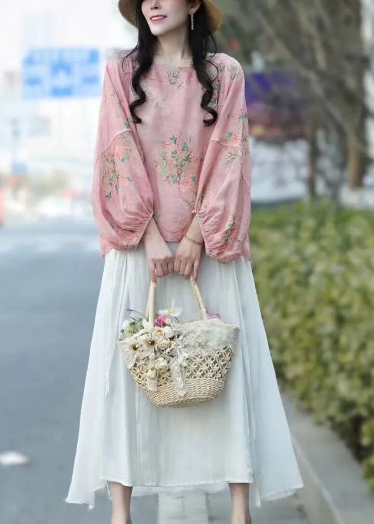 Pink Print Linen Blouse Tops Lantern Sleeve