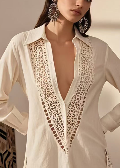 White Hollow Out Cotton Mini Dress Spring