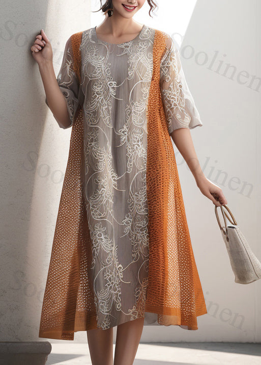 Orange O Neck Print Patchwork Silk Dresses Summer