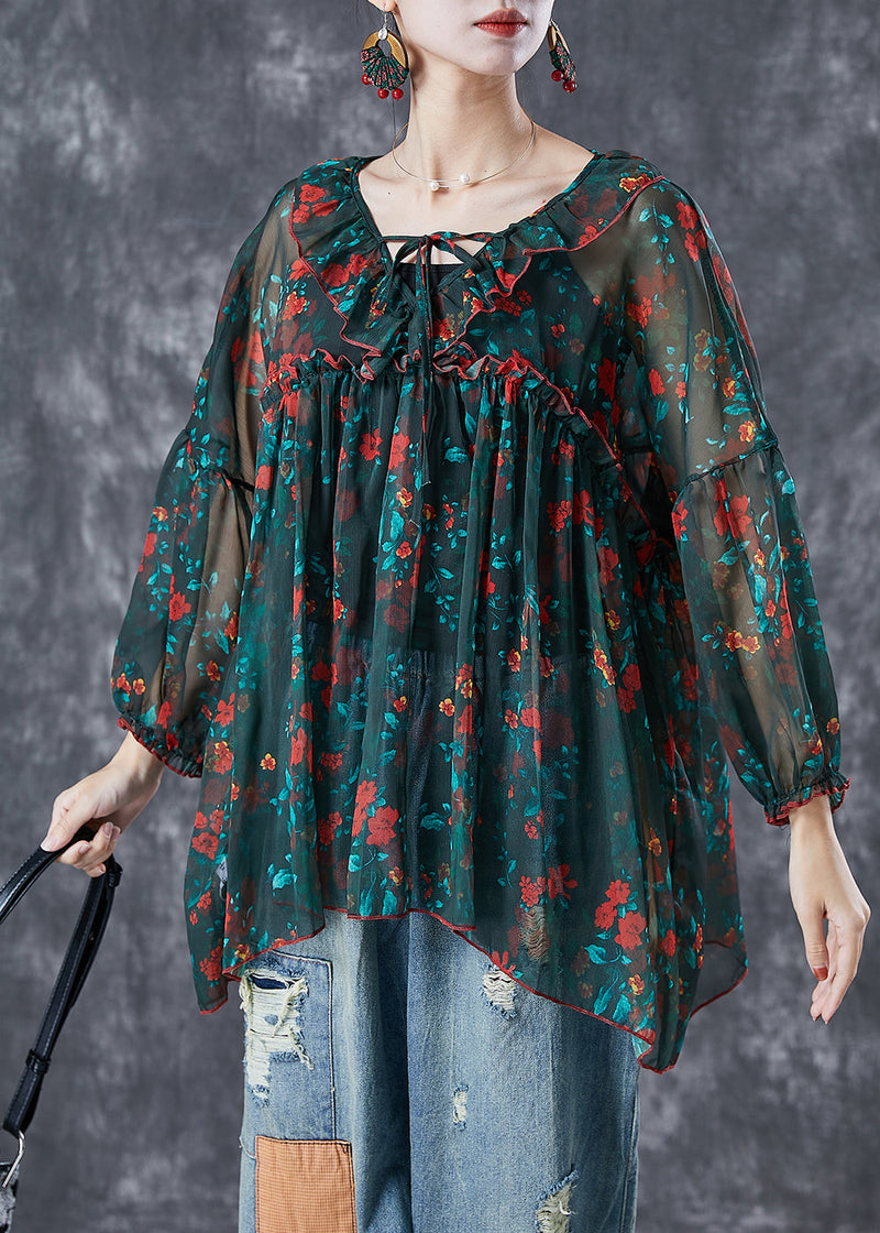 Blackish Green Ruffled Print Chiffon Blouses Summer