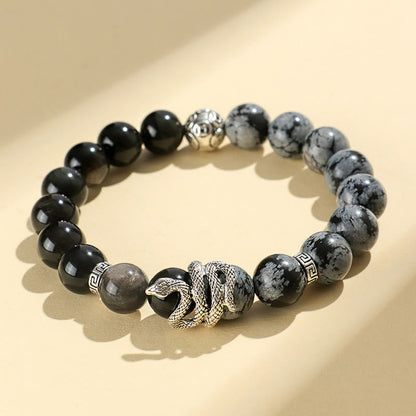 8mm Silver Sheen Obsidian White Turquoise Protection Bracelet for Snake Year