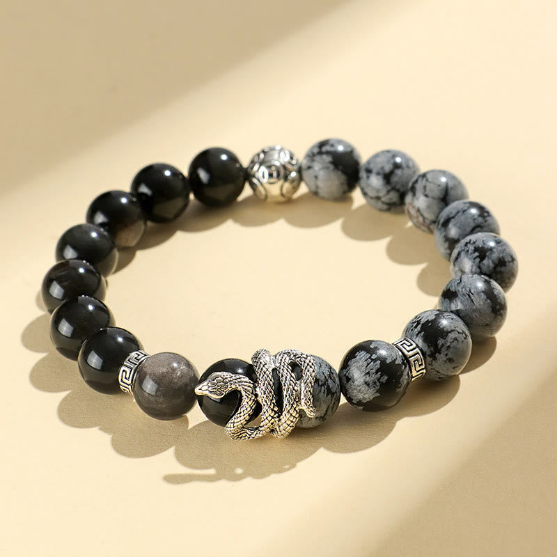8mm Silver Sheen Obsidian White Turquoise Protection Bracelet for Snake Year