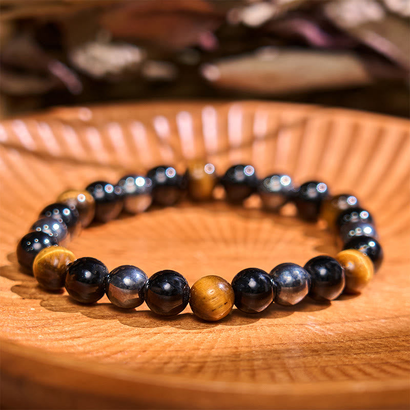 8mm Yellow Tiger Eye Obsidian Hematite Bracelet for