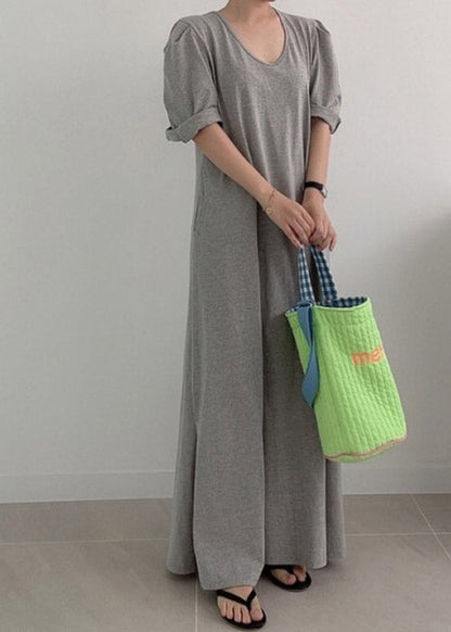 Loose Grey O-neck Cozy Knit Long Dress Summer