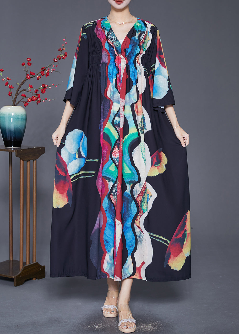 Black Oversized Wrinkled Print Chiffon Long Dress Summer