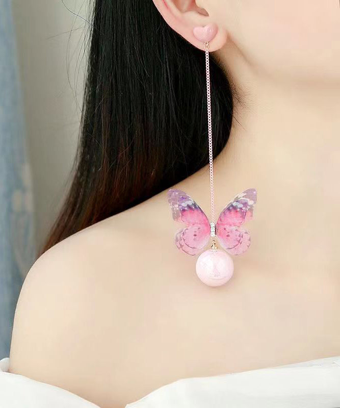 Pink Sterling Silver Love Pearl Butterfly Drop Earrings