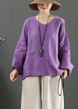Art V Neck Embroidery Spring Purple Blouse