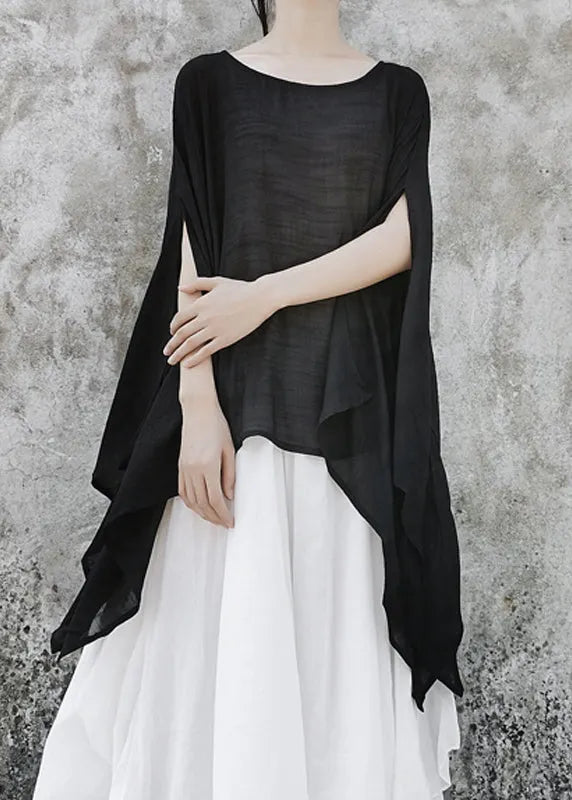 Black Baggy Linen Upf 50+ Tops Asymmetrical Batwing Sleeve