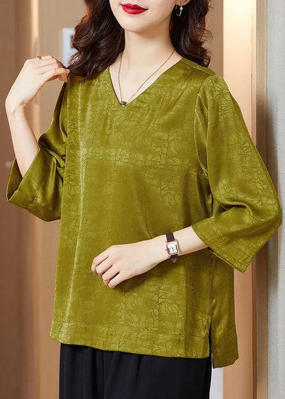 Boutique Light Green V Neck Wrinkled Color Side Open Silk Shirt Top Bracelet Sleeve