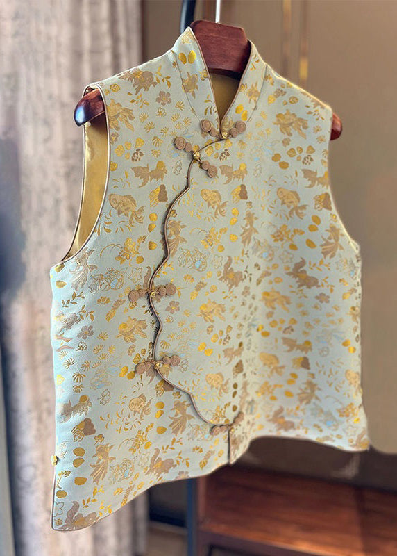 Print Stand Collar Button Cotton Waistcoat Sleeveless