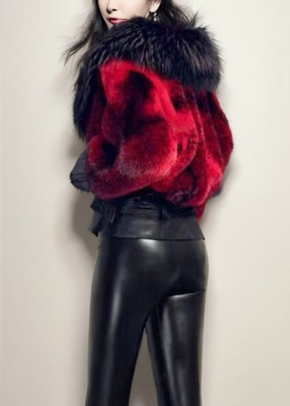 French Red Fox Collar Patchwork Leather and Fur Coats Winter