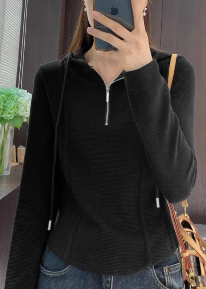 Grey Hooded Zippered Cotton T Shirt Spring