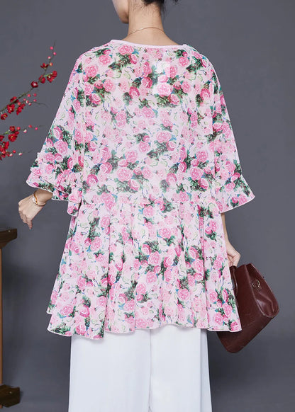 Pink Oversized Print Chiffon Tops Flare Sleeve