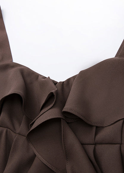Loose Brown Ruffled Patchwork Suspender Jumpsuits Sleeveles