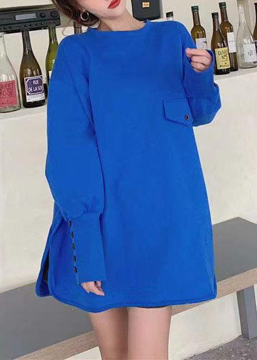 Blue O Neck Side Open Cotton Tops Fall