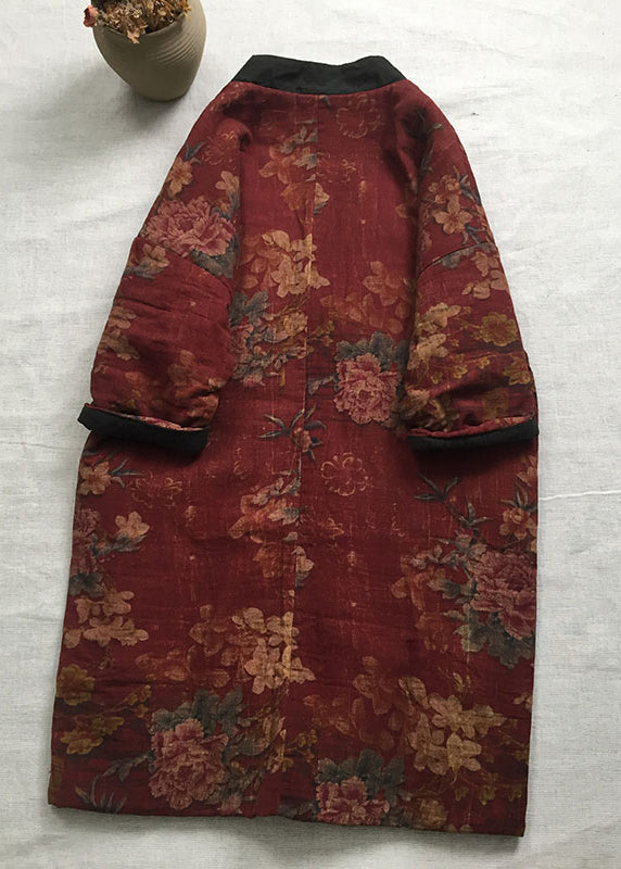 Red V Neck Print Fine Cotton Filled Long Coat Spring