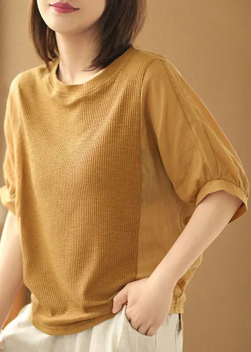 Navy Color O-neck Knit Patchwork Linen Shirt Short Sleeve