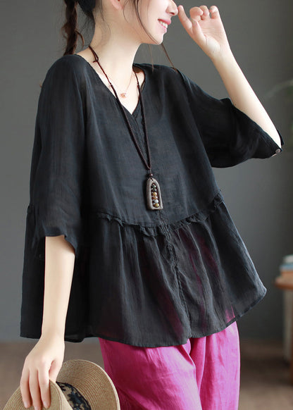 Wine Red Ruffled Side Open Patchwork Linen Shirts Summer