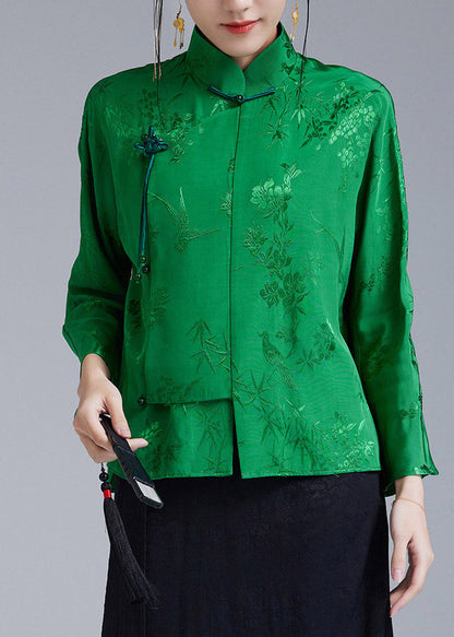 Green Stand Collar Jacquard Diagonal Button Silk Top Long Sleeve
