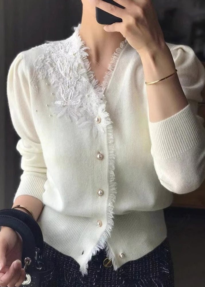 Khaki V Neck Tasseled Embroidered Woolen Cardigan Fall