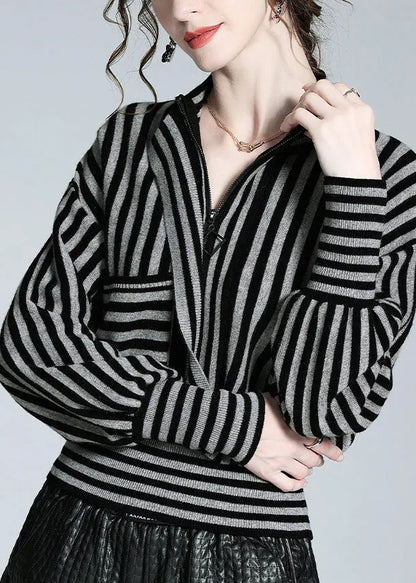 Loose Black Grey Striped Button Woolen Shirts Long Sleeve