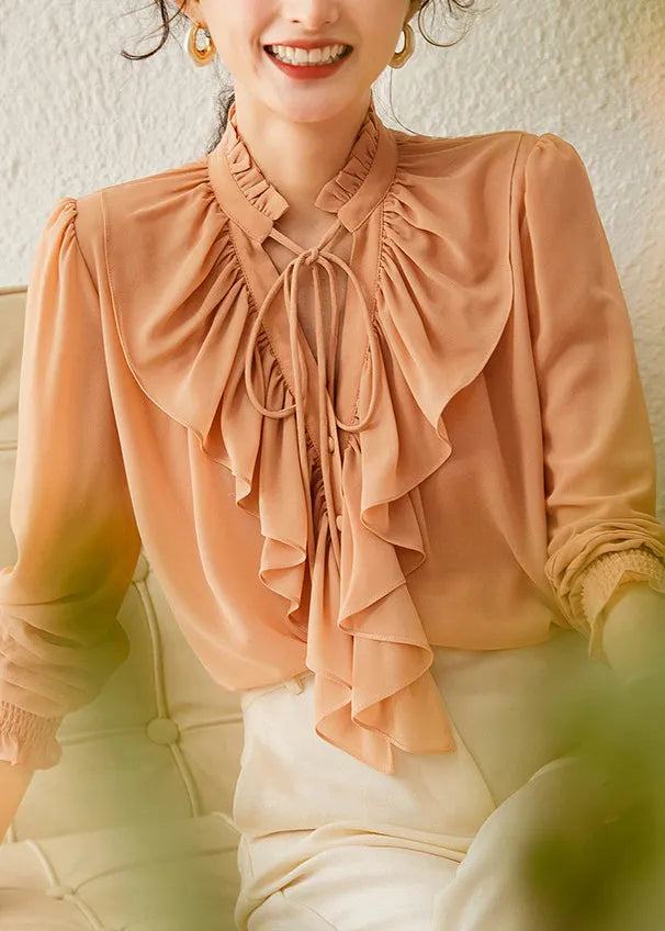 Orange Stand Collar Tops Lantern Sleeve