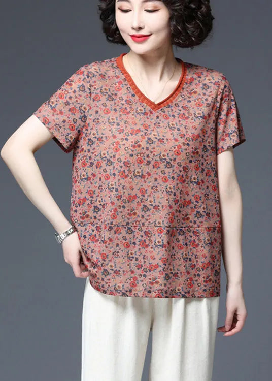 Orange V Neck Print Patchwork Tank Tops Short Sleeve