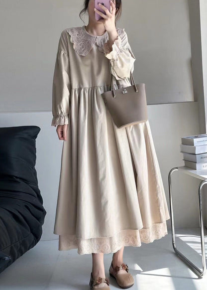 Beige Wrinkled Lace Patchwork Cotton Dress Spring
